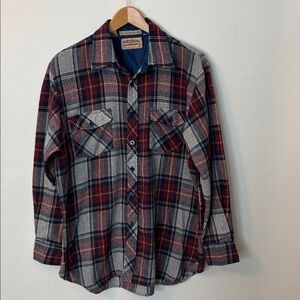 VTG Ponderosa Button Up Men’s Flannel Shirt Plaid Blue  Red Gray Large